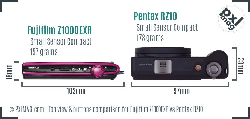 Fujifilm Z1000EXR vs Pentax RZ10 top view buttons comparison