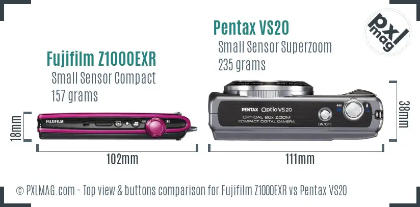 Fujifilm Z1000EXR vs Pentax VS20 top view buttons comparison Fujifilm Z1000EXR vs Pentax VS20 top view buttons comparison