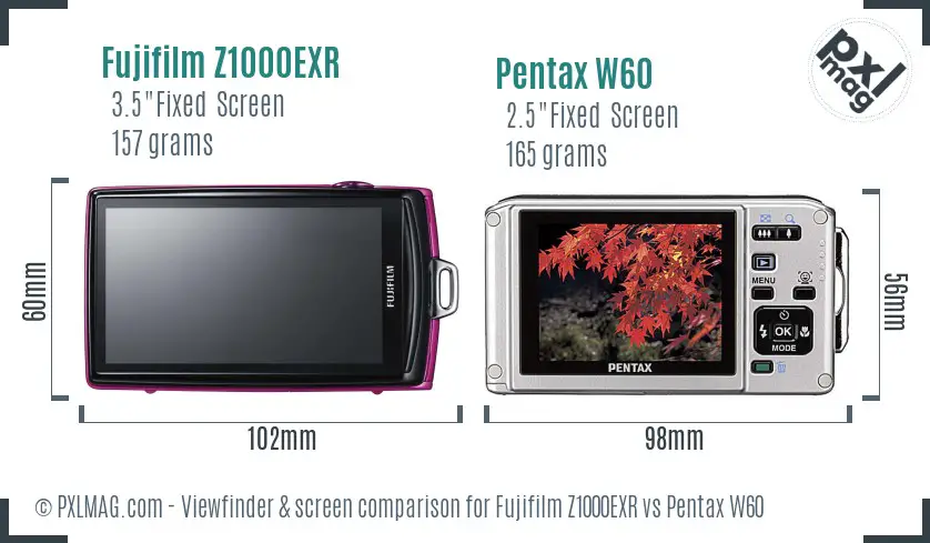 Fujifilm Z1000EXR vs Pentax W60 Screen and Viewfinder comparison