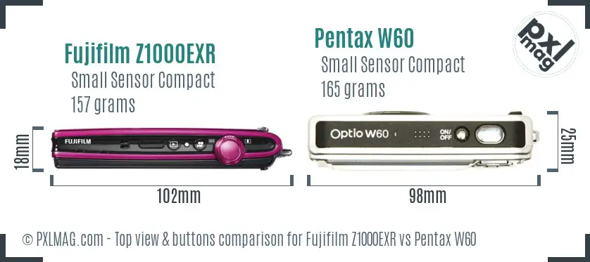 Fujifilm Z1000EXR vs Pentax W60 top view buttons comparison