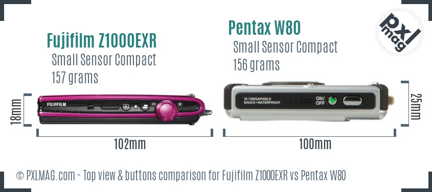 Fujifilm Z1000EXR vs Pentax W80 top view buttons comparison