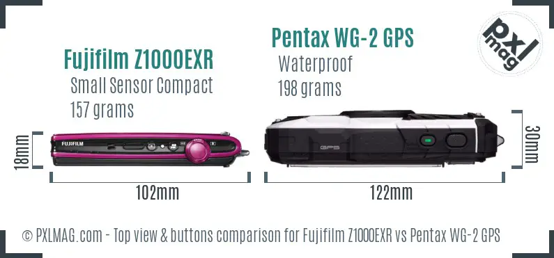 Fujifilm Z1000EXR vs Pentax WG-2 GPS top view buttons comparison Fujifilm Z1000EXR vs Pentax WG-2 GPS top view buttons comparison