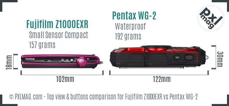 Fujifilm Z1000EXR vs Pentax WG-2 top view buttons comparison Fujifilm Z1000EXR vs Pentax WG-2 top view buttons comparison