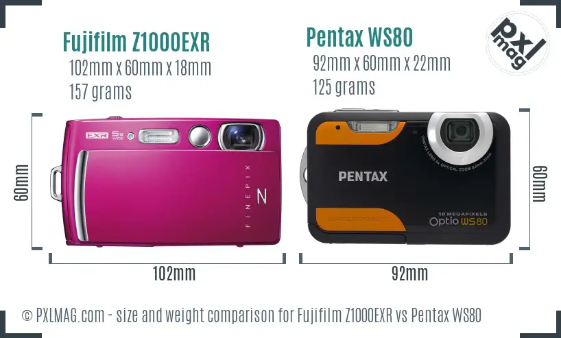 Fujifilm Z1000EXR vs Pentax WS80 size comparison