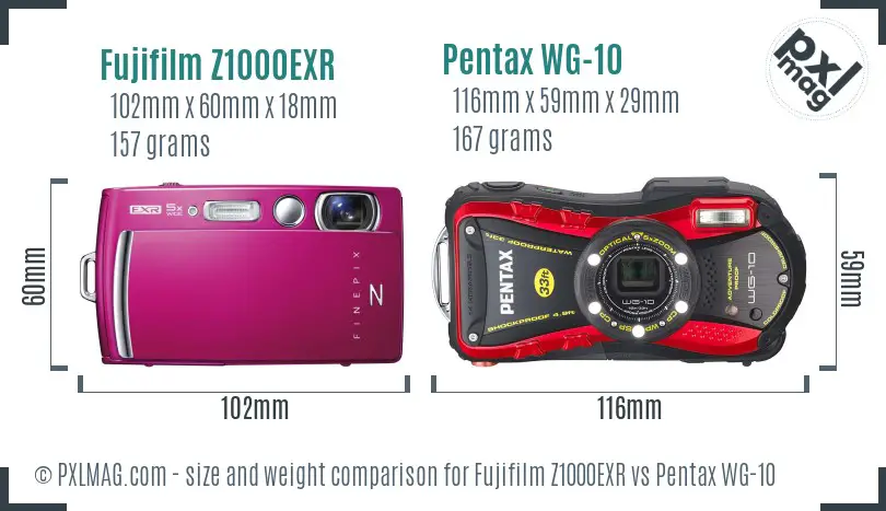 Fujifilm Z1000EXR vs Pentax WG-10 size comparison