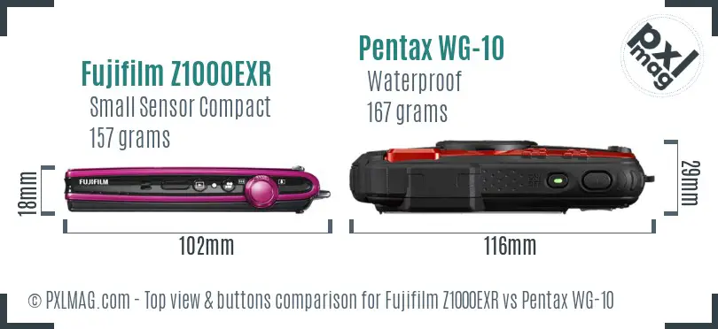 Fujifilm Z1000EXR vs Pentax WG-10 top view buttons comparison
