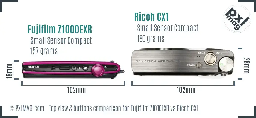 Fujifilm Z1000EXR vs Ricoh CX1 top view buttons comparison