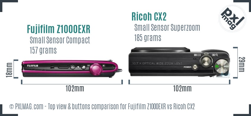 Fujifilm Z1000EXR vs Ricoh CX2 top view buttons comparison