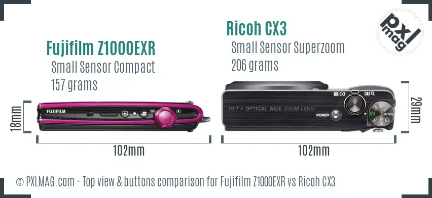 Fujifilm Z1000EXR vs Ricoh CX3 top view buttons comparison