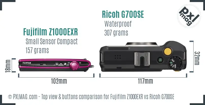 Fujifilm Z1000EXR vs Ricoh G700SE top view buttons comparison Fujifilm Z1000EXR vs Ricoh G700SE top view buttons comparison