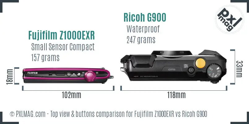 Fujifilm Z1000EXR vs Ricoh G900 top view buttons comparison