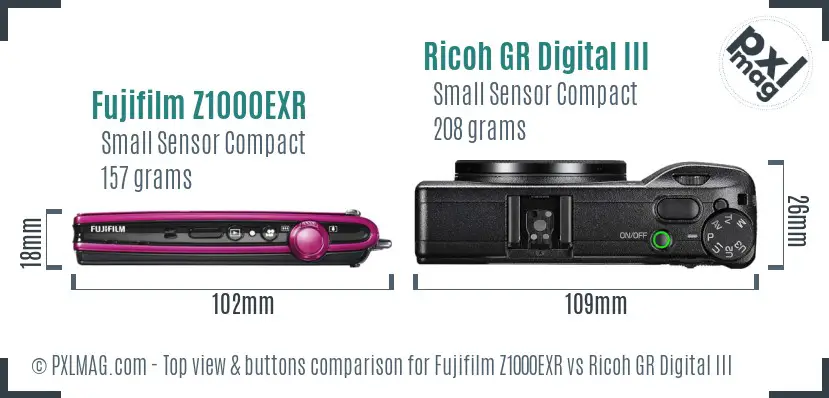 Fujifilm Z1000EXR vs Ricoh GR Digital III top view buttons comparison Fujifilm Z1000EXR vs Ricoh GR Digital III top view buttons comparison