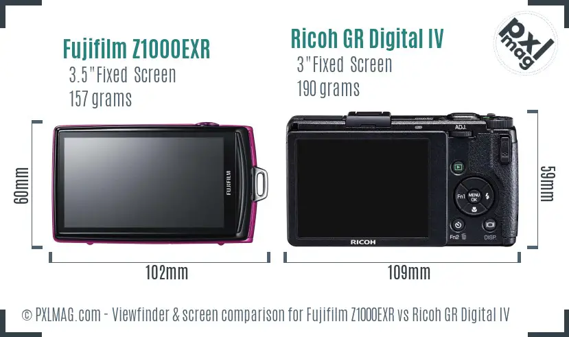 Fujifilm Z1000EXR vs Ricoh GR Digital IV Screen and Viewfinder comparison