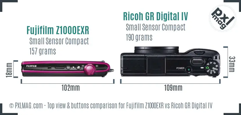 Fujifilm Z1000EXR vs Ricoh GR Digital IV top view buttons comparison