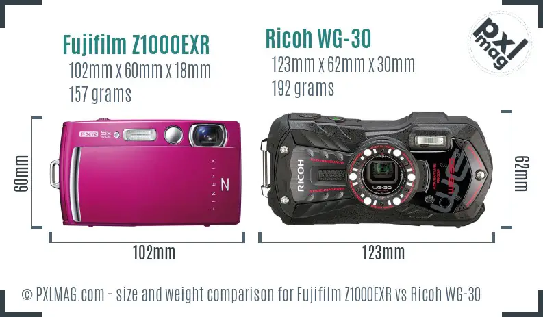 Fujifilm Z1000EXR vs Ricoh WG-30 size comparison