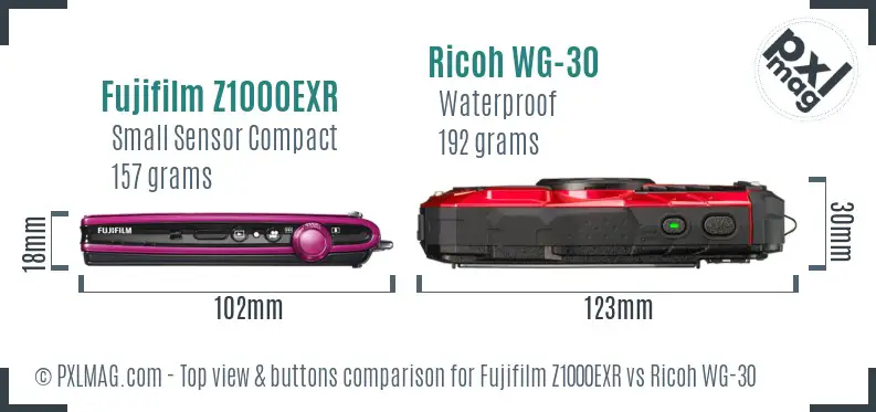 Fujifilm Z1000EXR vs Ricoh WG-30 top view buttons comparison