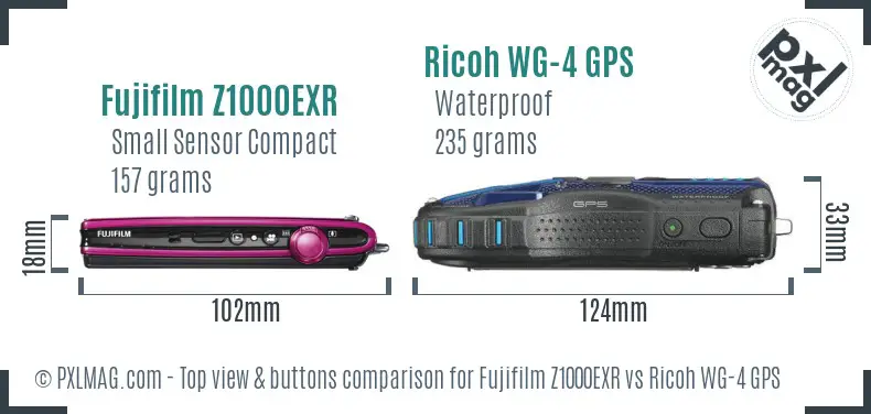 Fujifilm Z1000EXR vs Ricoh WG-4 GPS top view buttons comparison