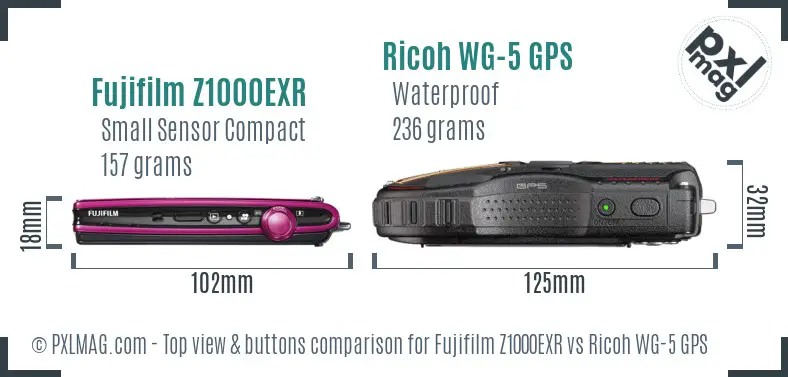 Fujifilm Z1000EXR vs Ricoh WG-5 GPS top view buttons comparison