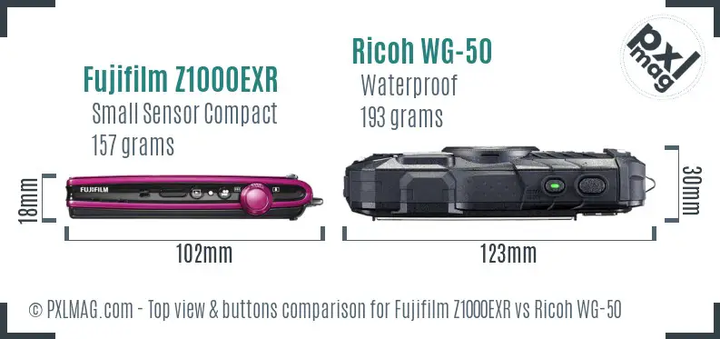 Fujifilm Z1000EXR vs Ricoh WG-50 top view buttons comparison