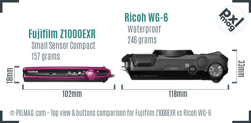 Fujifilm Z1000EXR vs Ricoh WG-6 top view buttons comparison Fujifilm Z1000EXR vs Ricoh WG-6 top view buttons comparison