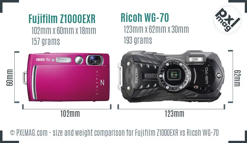 Fujifilm Z1000EXR vs Ricoh WG-70 size comparison