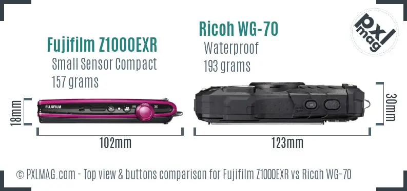 Fujifilm Z1000EXR vs Ricoh WG-70 top view buttons comparison