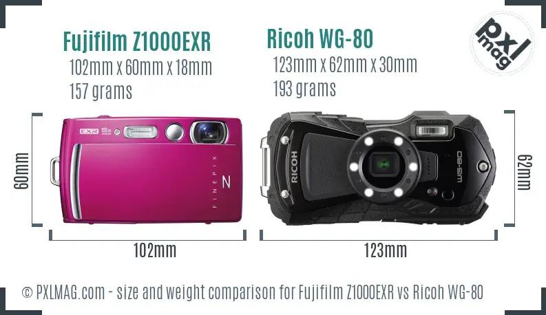 Fujifilm Z1000EXR vs Ricoh WG-80 size comparison