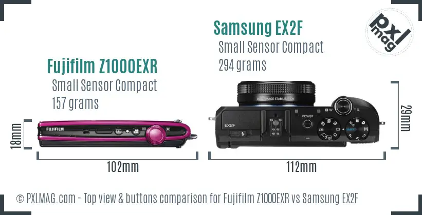 Fujifilm Z1000EXR vs Samsung EX2F top view buttons comparison