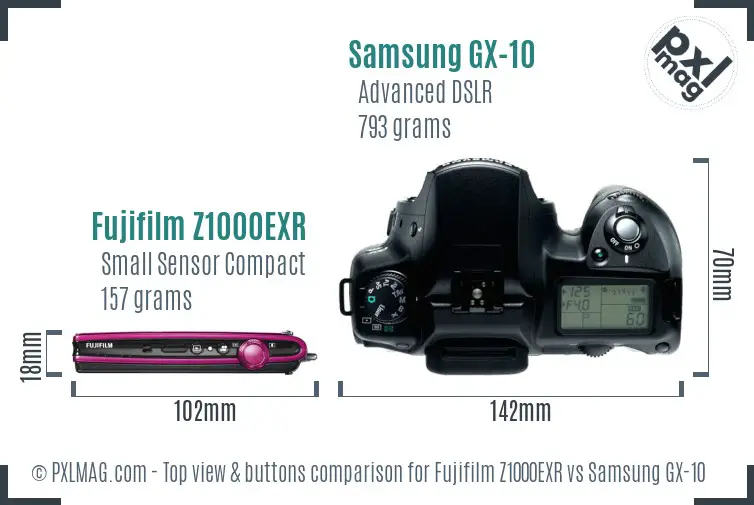 Fujifilm Z1000EXR vs Samsung GX-10 top view buttons comparison
