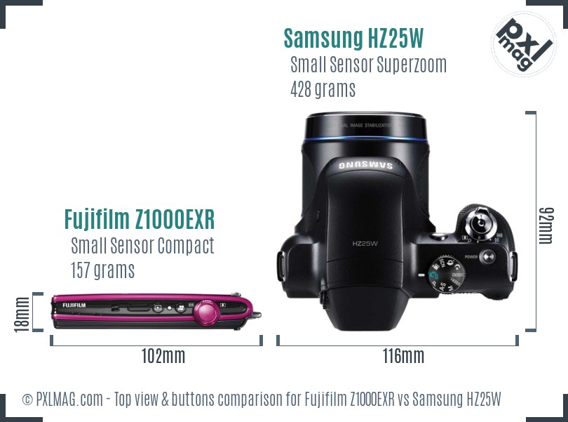 Fujifilm Z1000EXR vs Samsung HZ25W top view buttons comparison