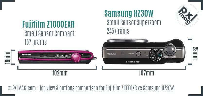Fujifilm Z1000EXR vs Samsung HZ30W top view buttons comparison Fujifilm Z1000EXR vs Samsung HZ30W top view buttons comparison