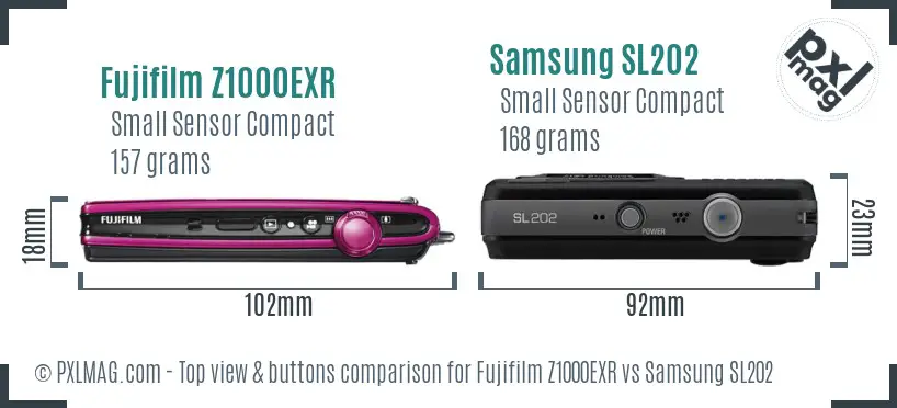 Fujifilm Z1000EXR vs Samsung SL202 top view buttons comparison Fujifilm Z1000EXR vs Samsung SL202 top view buttons comparison