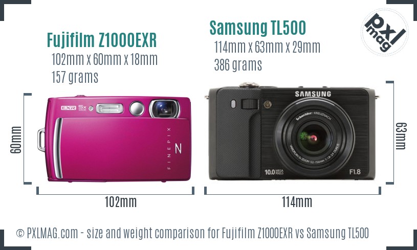Fujifilm Z1000EXR vs Samsung TL500 size comparison
