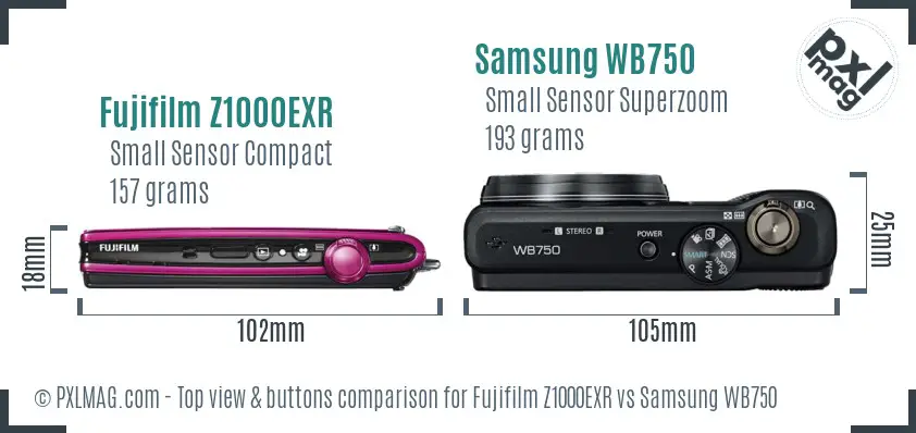 Fujifilm Z1000EXR vs Samsung WB750 top view buttons comparison Fujifilm Z1000EXR vs Samsung WB750 top view buttons comparison
