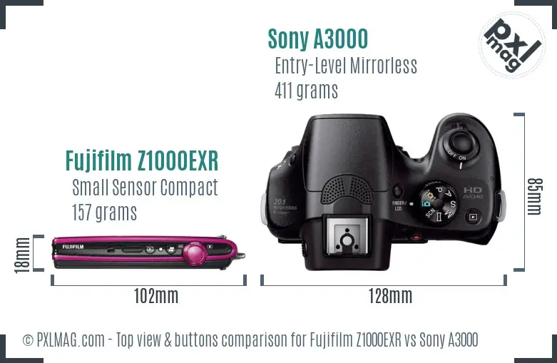 Fujifilm Z1000EXR vs Sony A3000 top view buttons comparison