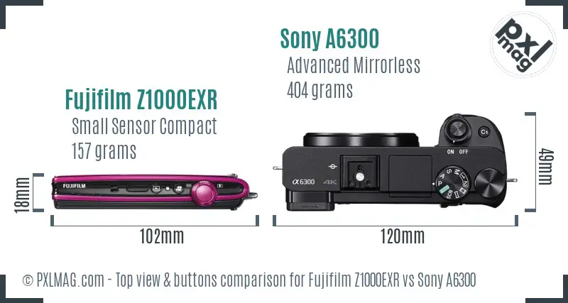 Fujifilm Z1000EXR vs Sony A6300 top view buttons comparison
