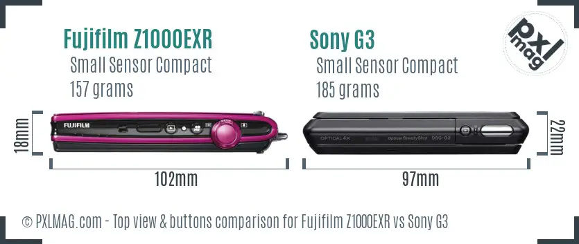 Fujifilm Z1000EXR vs Sony G3 top view buttons comparison Fujifilm Z1000EXR vs Sony G3 top view buttons comparison
