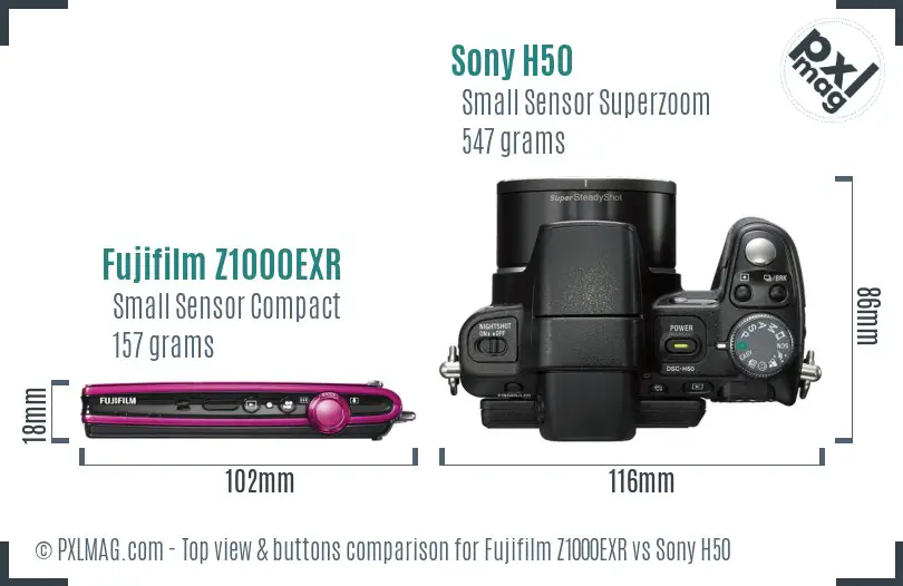 Fujifilm Z1000EXR vs Sony H50 top view buttons comparison Fujifilm Z1000EXR vs Sony H50 top view buttons comparison