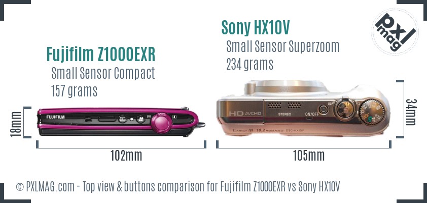 Fujifilm Z1000EXR vs Sony HX10V top view buttons comparison