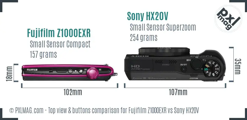 Fujifilm Z1000EXR vs Sony HX20V top view buttons comparison Fujifilm Z1000EXR vs Sony HX20V top view buttons comparison