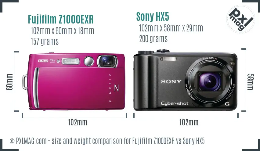 Fujifilm Z1000EXR vs Sony HX5 size comparison