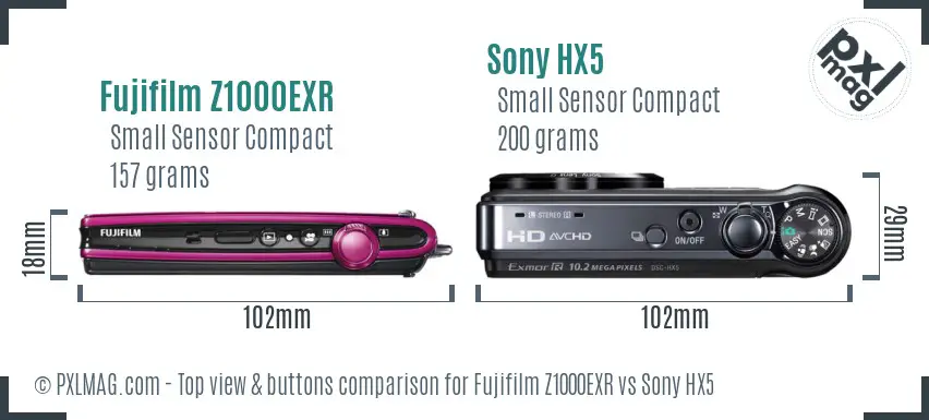 Fujifilm Z1000EXR vs Sony HX5 top view buttons comparison
