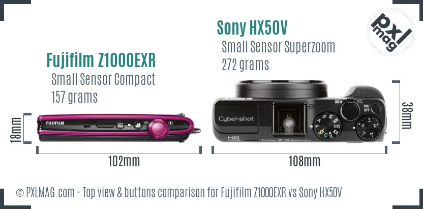 Fujifilm Z1000EXR vs Sony HX50V top view buttons comparison Fujifilm Z1000EXR vs Sony HX50V top view buttons comparison