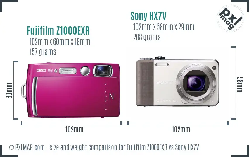 Fujifilm Z1000EXR vs Sony HX7V size comparison
