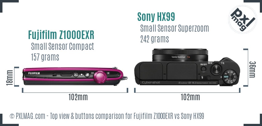 Fujifilm Z1000EXR vs Sony HX99 top view buttons comparison