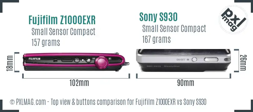 Fujifilm Z1000EXR vs Sony S930 top view buttons comparison Fujifilm Z1000EXR vs Sony S930 top view buttons comparison