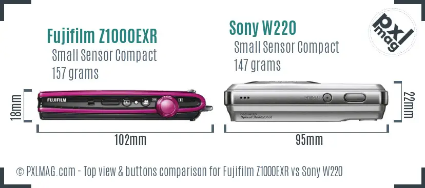 Fujifilm Z1000EXR vs Sony W220 top view buttons comparison