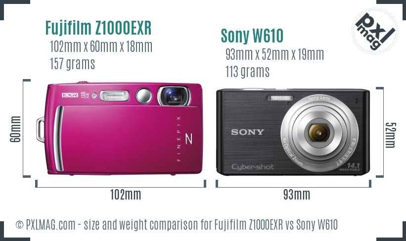 Fujifilm Z1000EXR vs Sony W610 size comparison