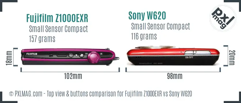 Fujifilm Z1000EXR vs Sony W620 top view buttons comparison