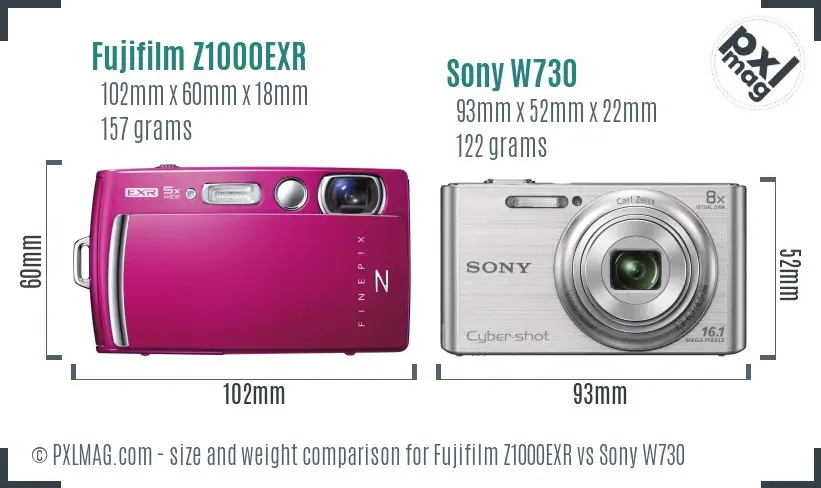 Fujifilm Z1000EXR vs Sony W730 size comparison